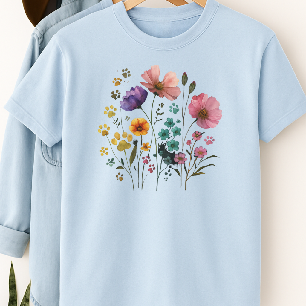 Watercolor Wildflower & Paw Print Shirt Floral Pet Lover Tee Nature Dog Mom Gift Botanical Animal Lover T-Shirt Mothers Day Gift