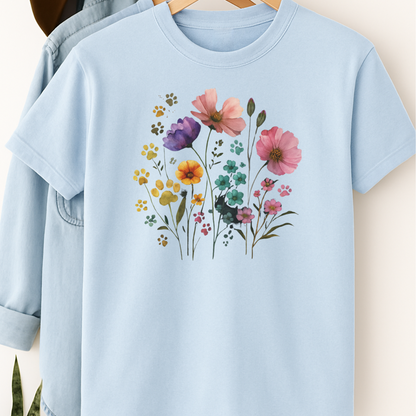 Watercolor Wildflower & Paw Print Shirt Floral Pet Lover Tee Nature Dog Mom Gift Botanical Animal Lover T-Shirt Mothers Day Gift
