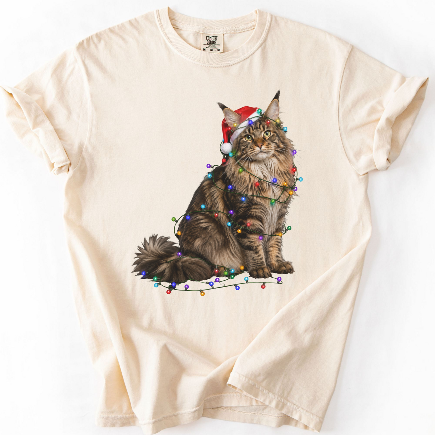 Maine Coon Christmas Lights Shirt, Comfort Colors Holiday Cat Lover Tee