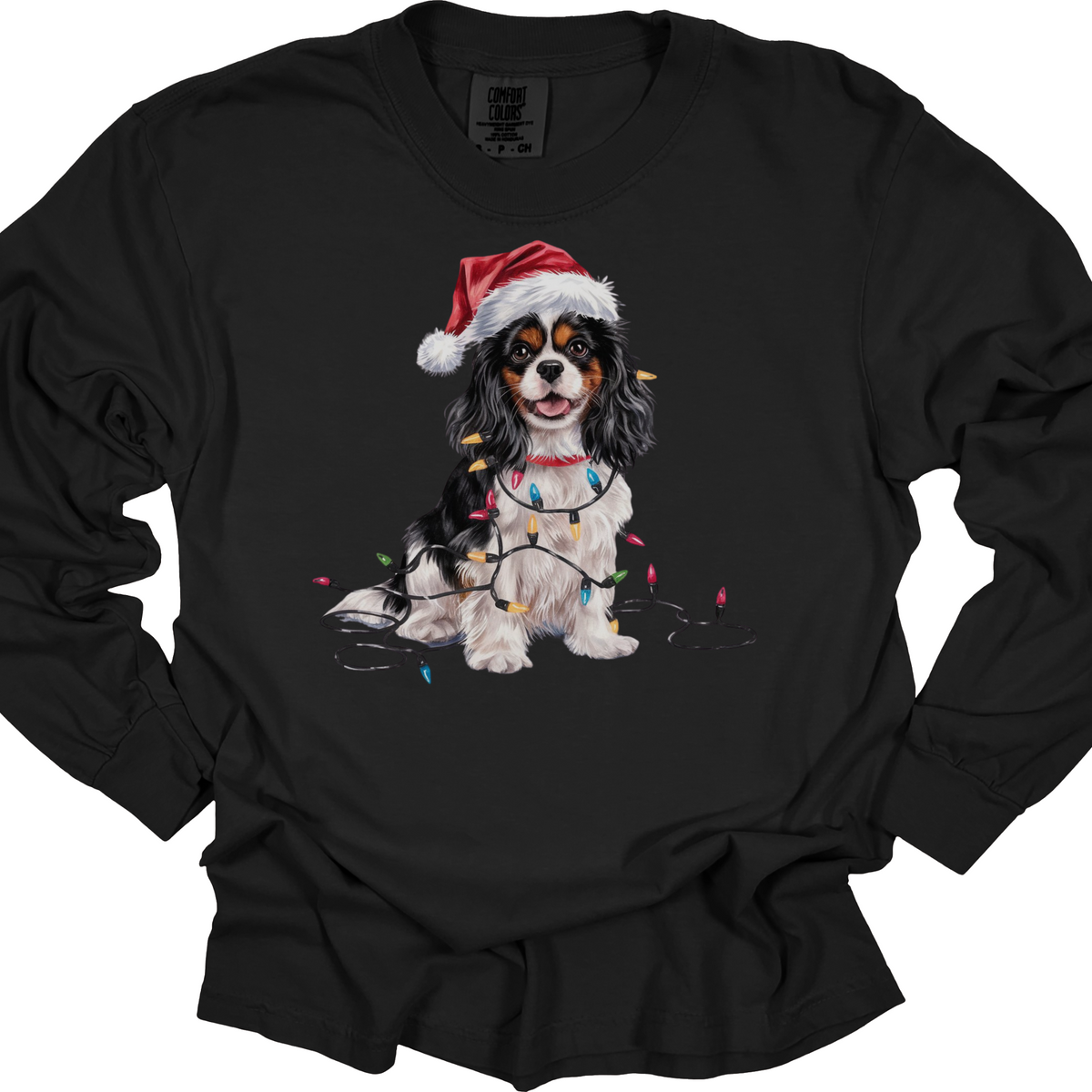 Tricolor Cavalier Christmas Long Sleeve Shirt, Comfort Colors Holiday Tee, Cavalier King Charles Spaniel Mom Gift
