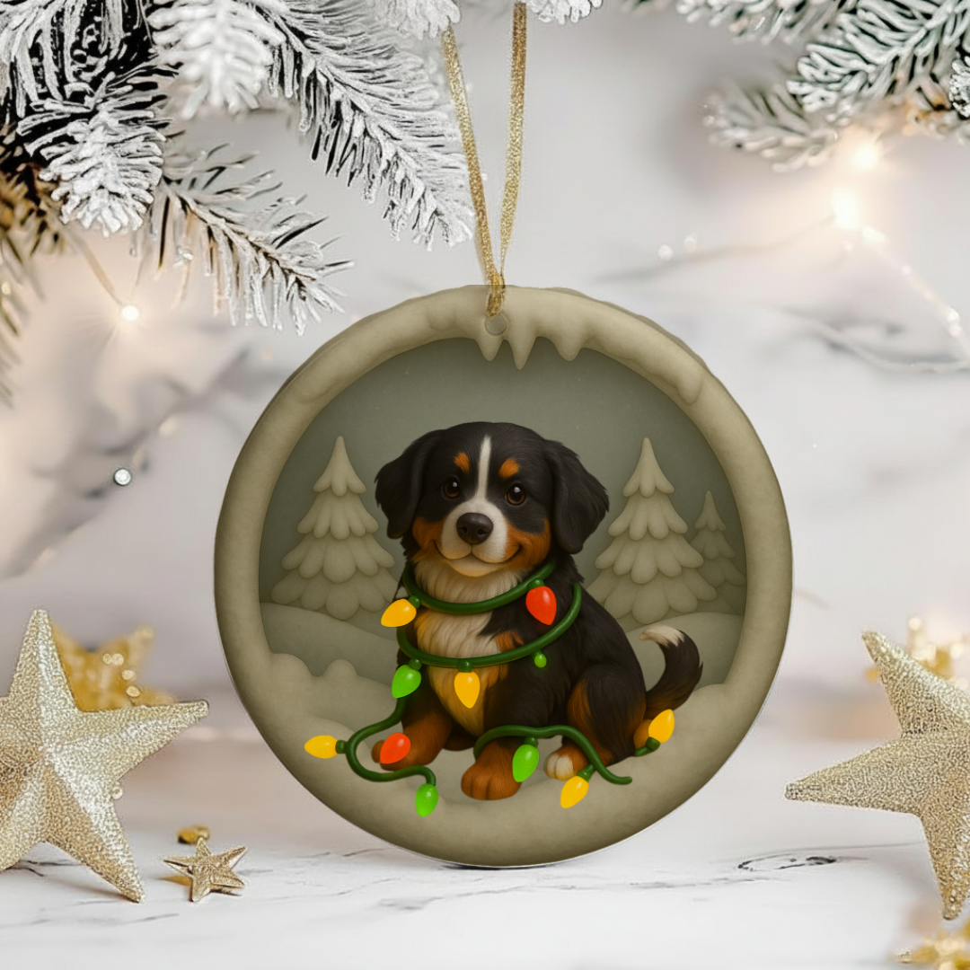 Personalized Bernese Mountain Dog Christmas Ornament, Custom Dog with Holiday Lights Keepsake