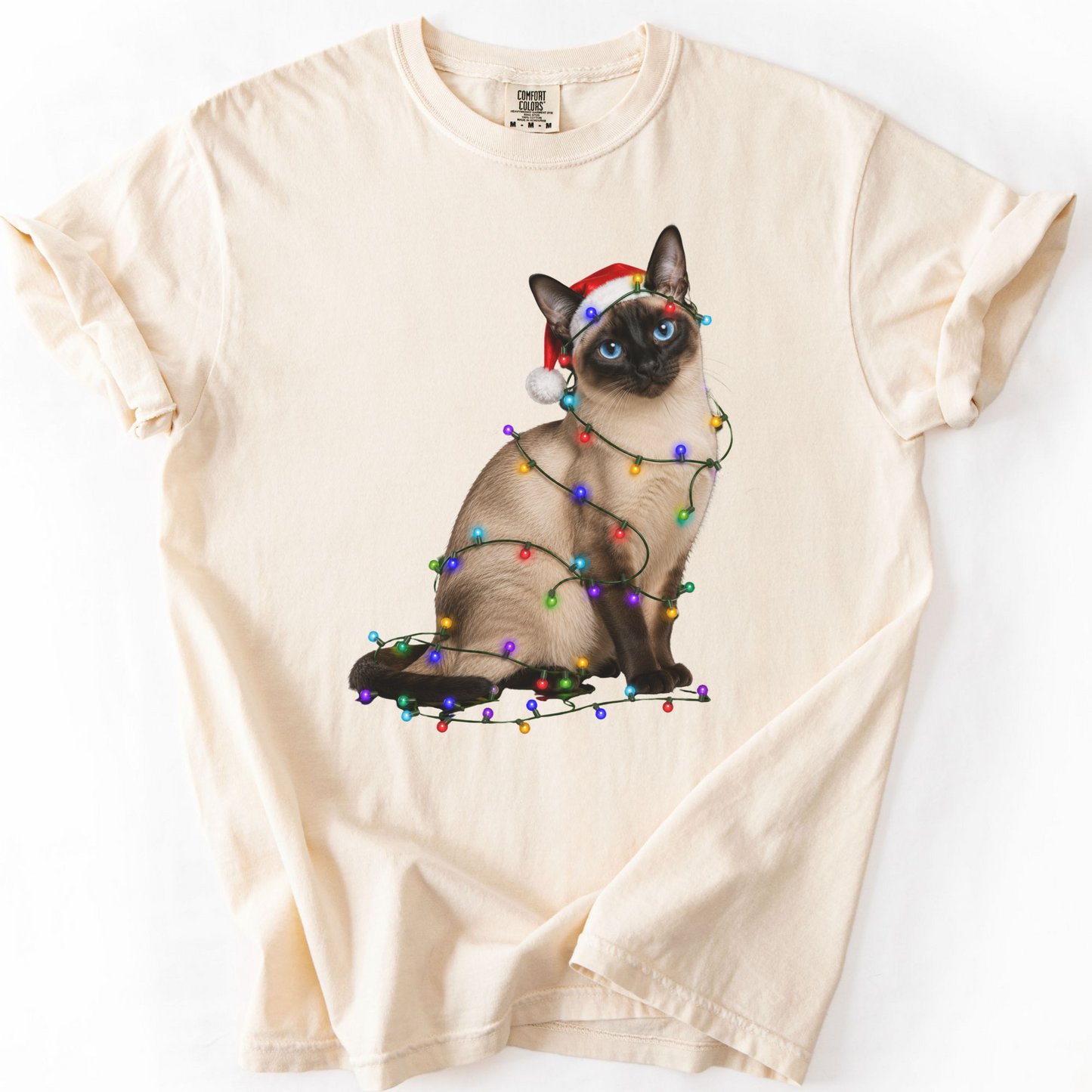 Siamese Cat Christmas Lights Shirt, Comfort Colors Holiday Cat Lover Tee