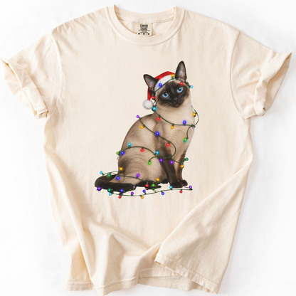 Siamese Cat Christmas Lights Shirt, Comfort Colors Holiday Cat Lover Tee