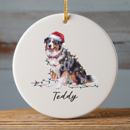 Personalized Australian Shepherd Christmas Ornament, Ceramic Dog Decor, Holiday Lights