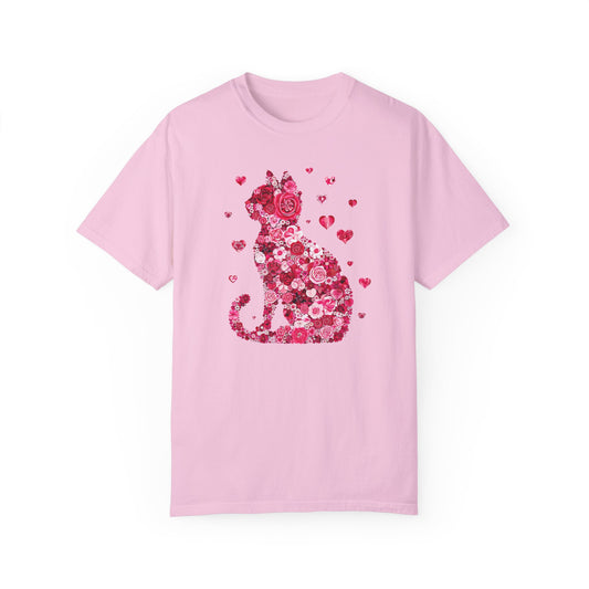 Rose Cat Valentine's Day Unisex Garment-Dyed T-Shirt, Gift for Cat Lovers, Floral Cat Tee, Valentine's Shirt, Rose Cat Silhouette Tee, Cat