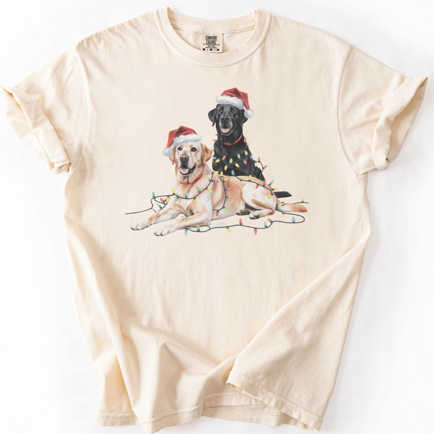 Christmas Labs Shirt, Cute Black and Yellow Labrador Retriever in Santa Hats & Lights, Holiday Dog Lover Gift, Funny Christmas Dog Tee