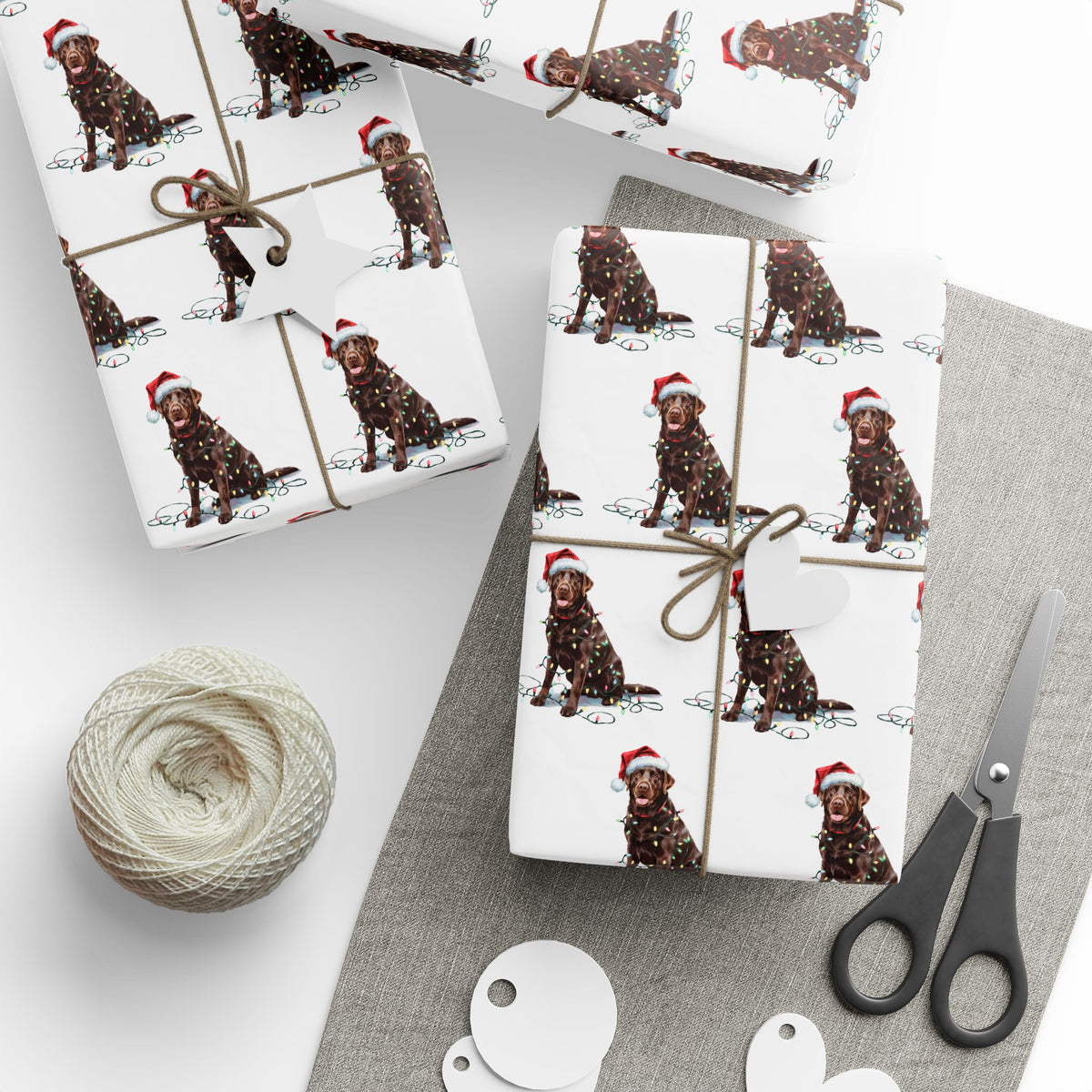 Chocolate Labrador Christmas Wrapping Paper, Cute Dog Gift Wrap with Santa Hat and Holiday Lights, Perfect for Dog Lovers