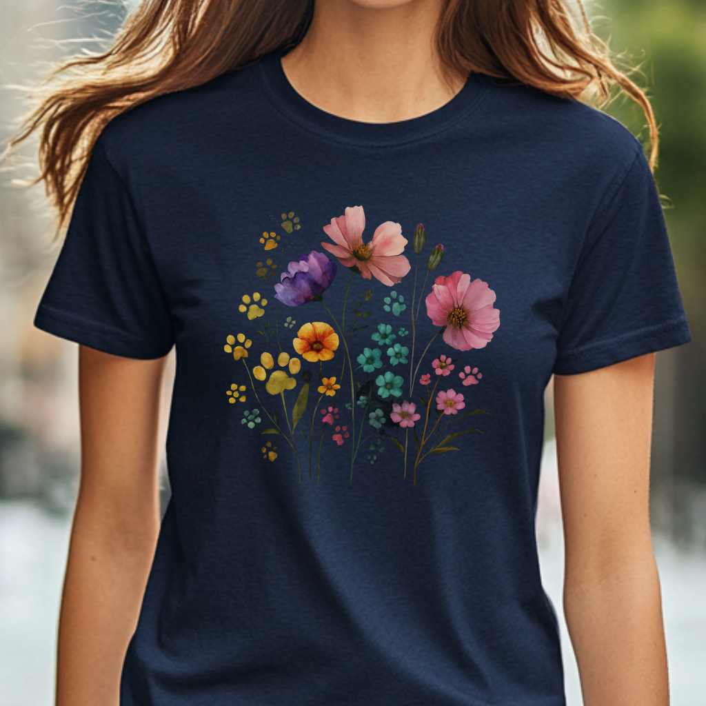 Watercolor Wildflower & Paw Print Shirt Floral Pet Lover Tee Nature Dog Mom Gift Botanical Animal Lover T-Shirt Mothers Day Gift
