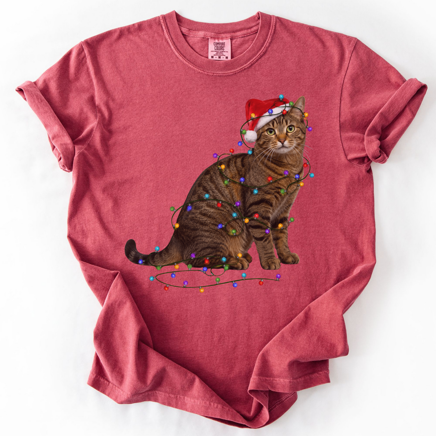 Brown Tabby Cat Christmas Lights Shirt, Comfort Colors Holiday Cat Lover Tee