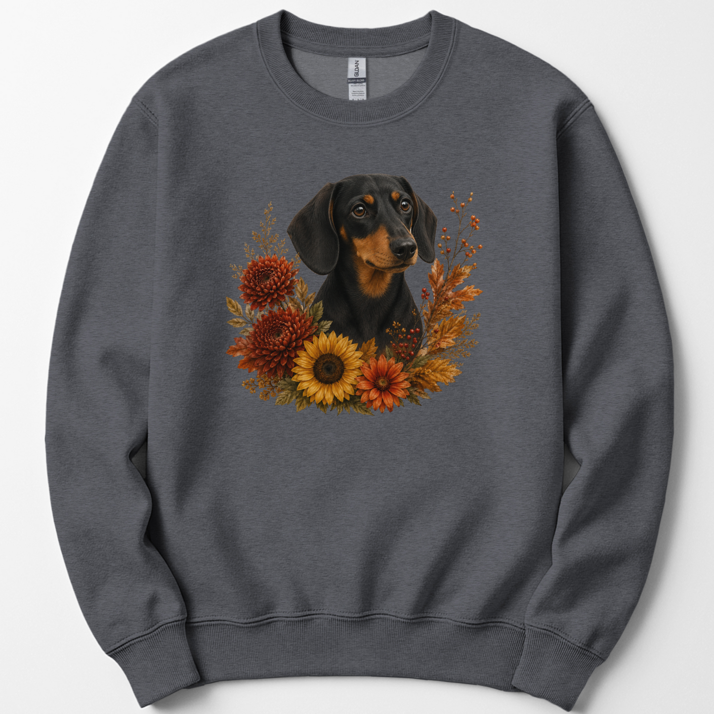 Black and Tan Dachshund Autumn Floral Sweatshirt Cozy Fall Dog Lover Gift Botanical Crewneck Pullover
