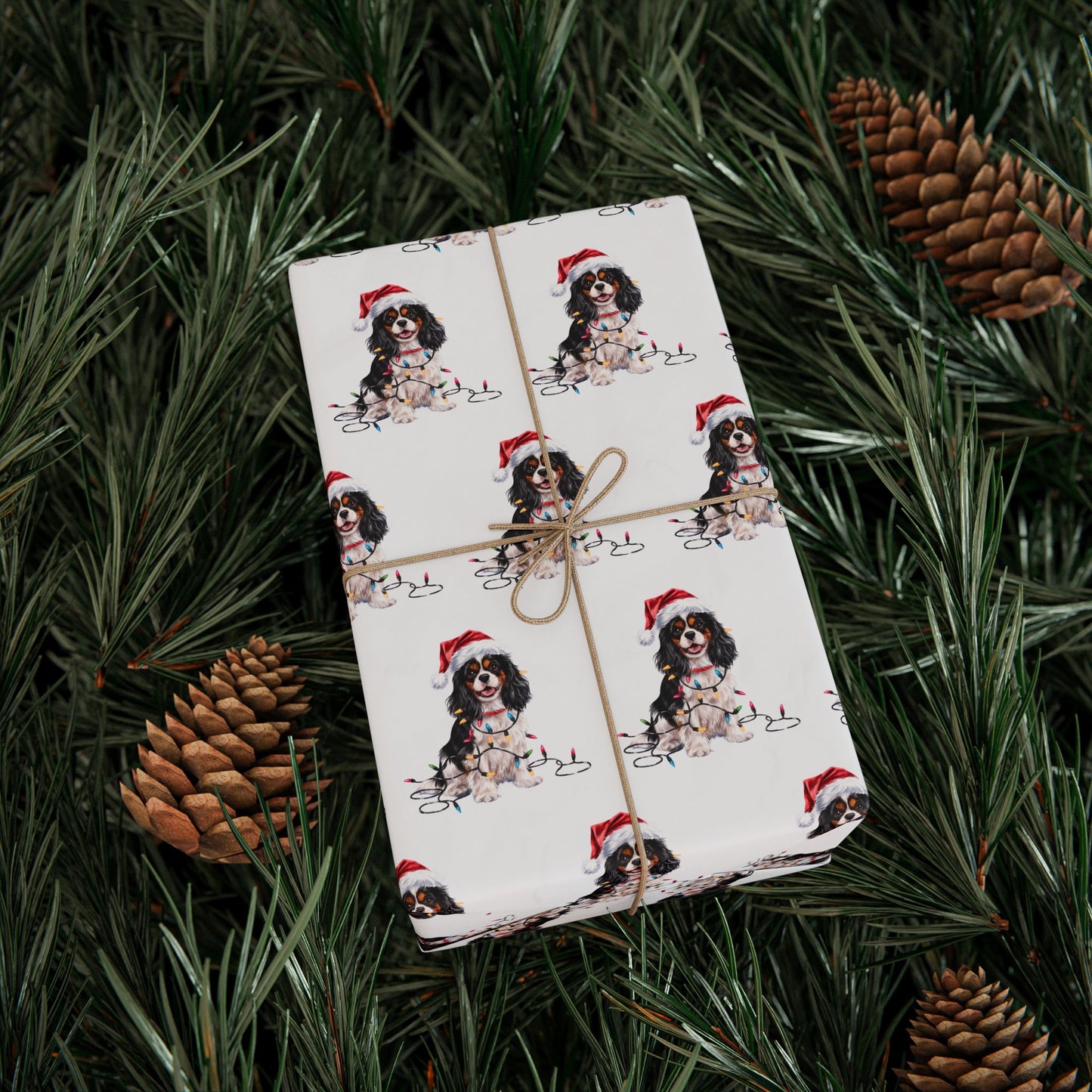 Tri-Color Cavalier King Charles Spaniel Christmas Lights Wrapping Paper