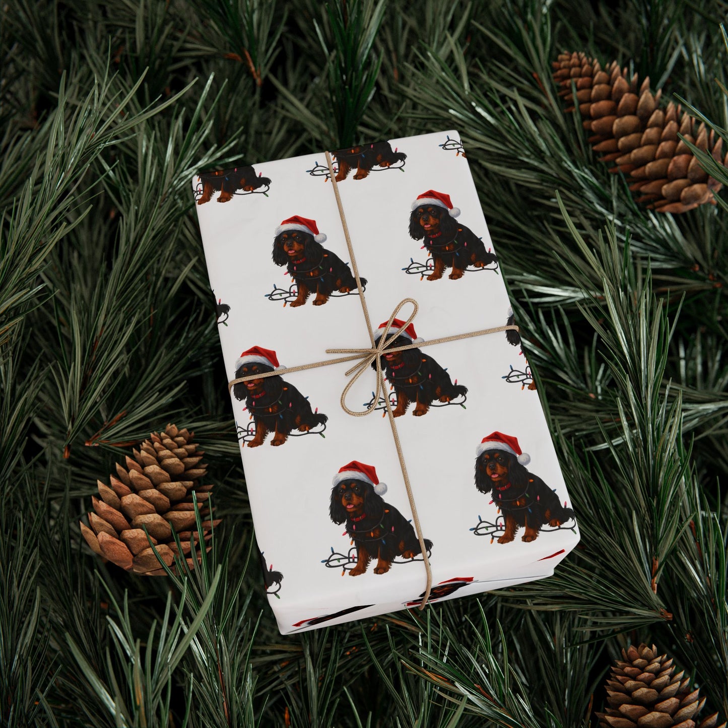 Black and Tan Cavalier King Charles Spaniel Christmas Lights Wrapping Paper