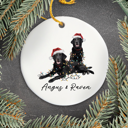 Personalized Black Lab Christmas Ornament: Festive Dog Duo with Lights, Ceramic Keepsake