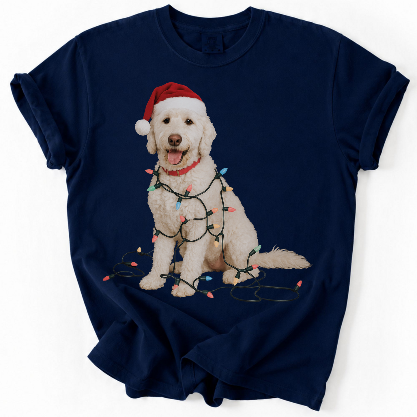 White Goldendoodle Christmas Lights T-Shirt, Comfort Colors Dog Lover Holiday Tee
