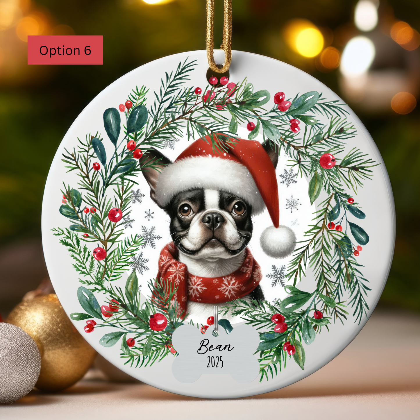 Personalized Boston Terrier Christmas Wreath Ornament