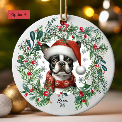 Personalized Boston Terrier Christmas Wreath Ornament
