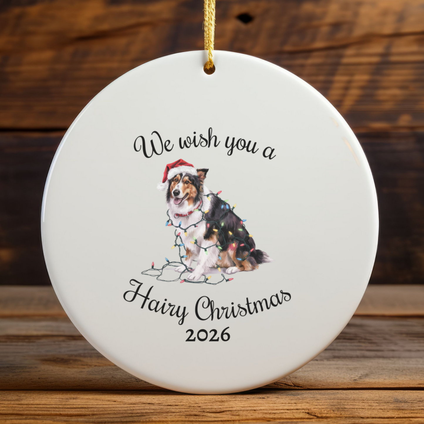 Christmas Collie Ornament, Christmas Lights Dog Keepsake