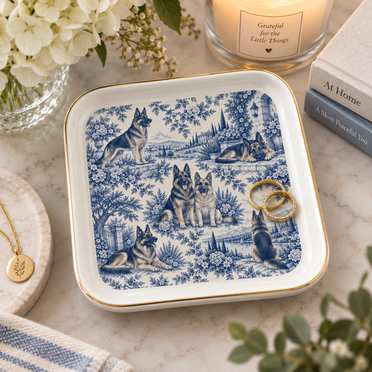 German Shepherd Jewelry Dish, Blue Toile Dog Ring Dish, Shepherd Lover Gift, Trinket Tray