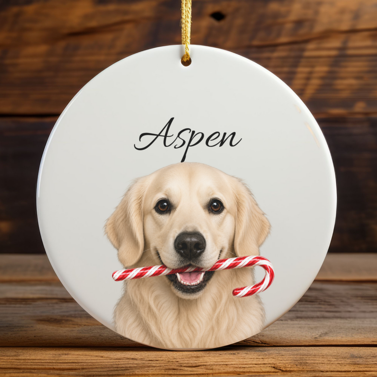 Personalized English Cream Golden Retriever Candy Cane Ornament