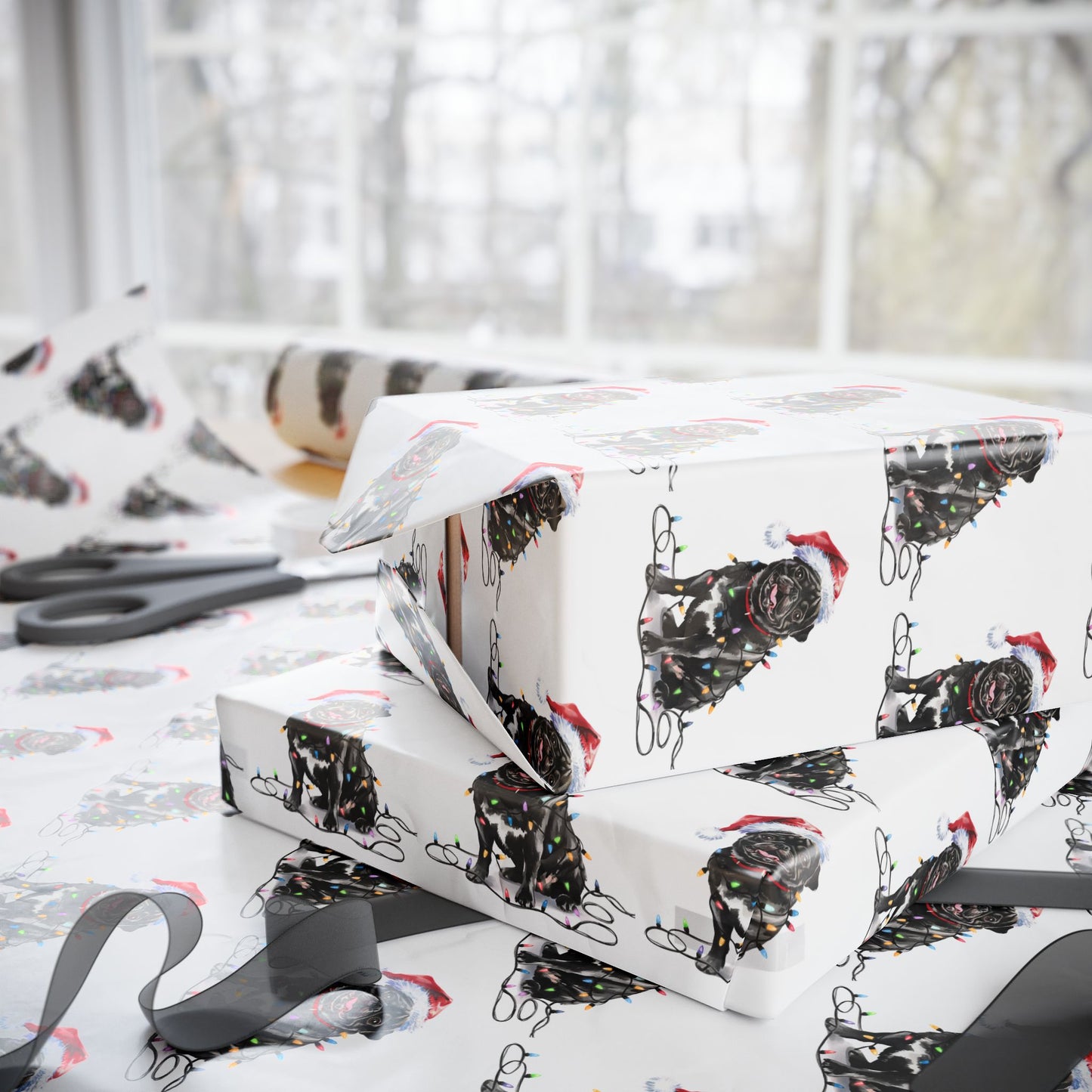 Black Pug Christmas Lights Wrapping Paper