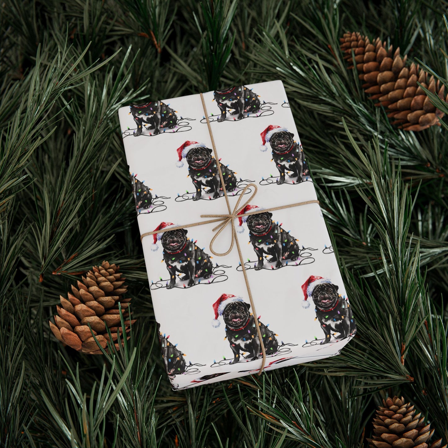 Black Pug Christmas Lights Wrapping Paper