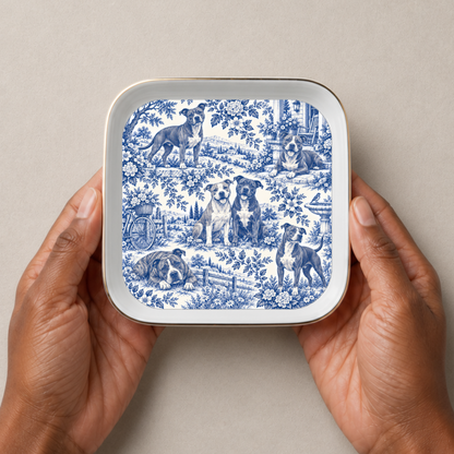 Pit Bull Jewelry Dish, Blue Toile Pittie Ring Dish, Pitbull Mom Gift, Trinket Tray