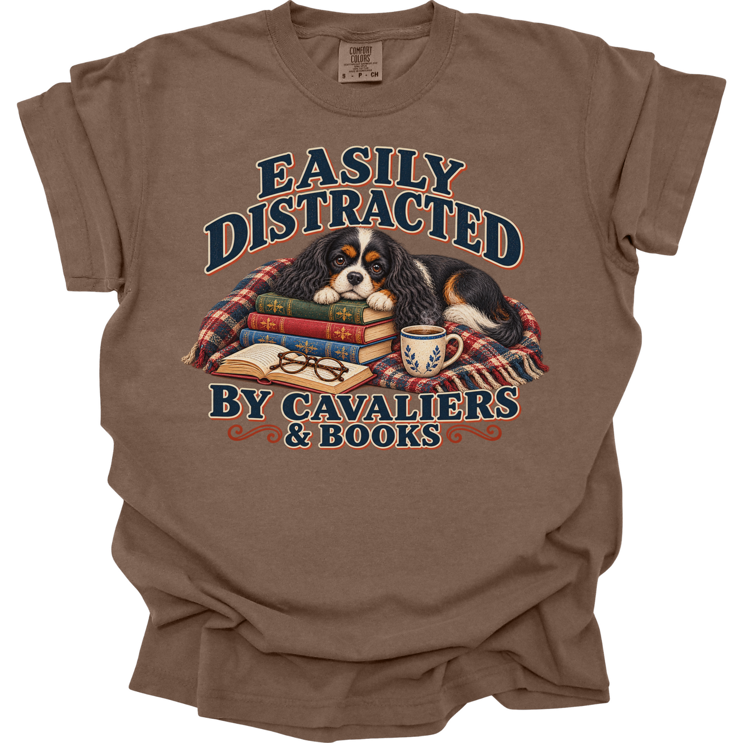 Tricolor Cavalier Shirt, Easily Distracted by Cavaliers and Books, Cavalier Mom Book Lover Tee