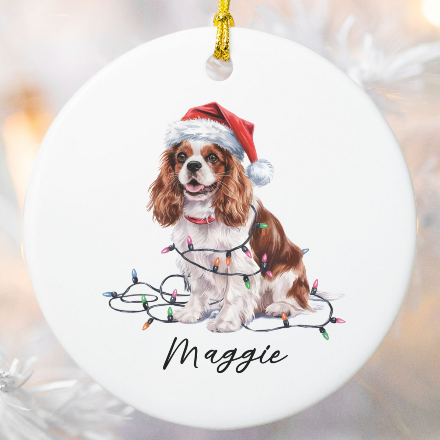 Personalized Blenheim Cavalier King Charles Spaniel Christmas Ornament, Tangled Lights Ceramic Keepsake