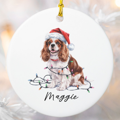 Personalized Blenheim Cavalier King Charles Spaniel Christmas Ornament, Tangled Lights Ceramic Keepsake