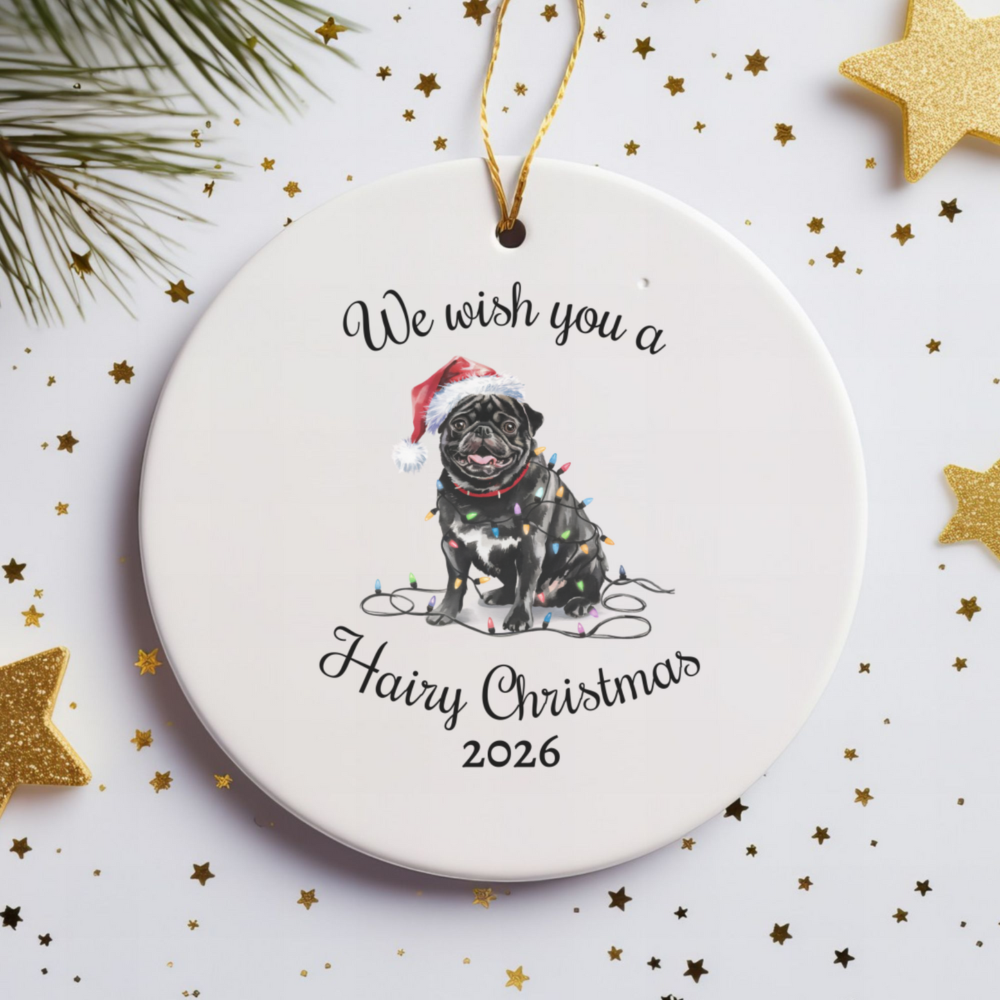 Christmas Black Pug Ornament, Pug Mom, Christmas Lights Dog Keepsake