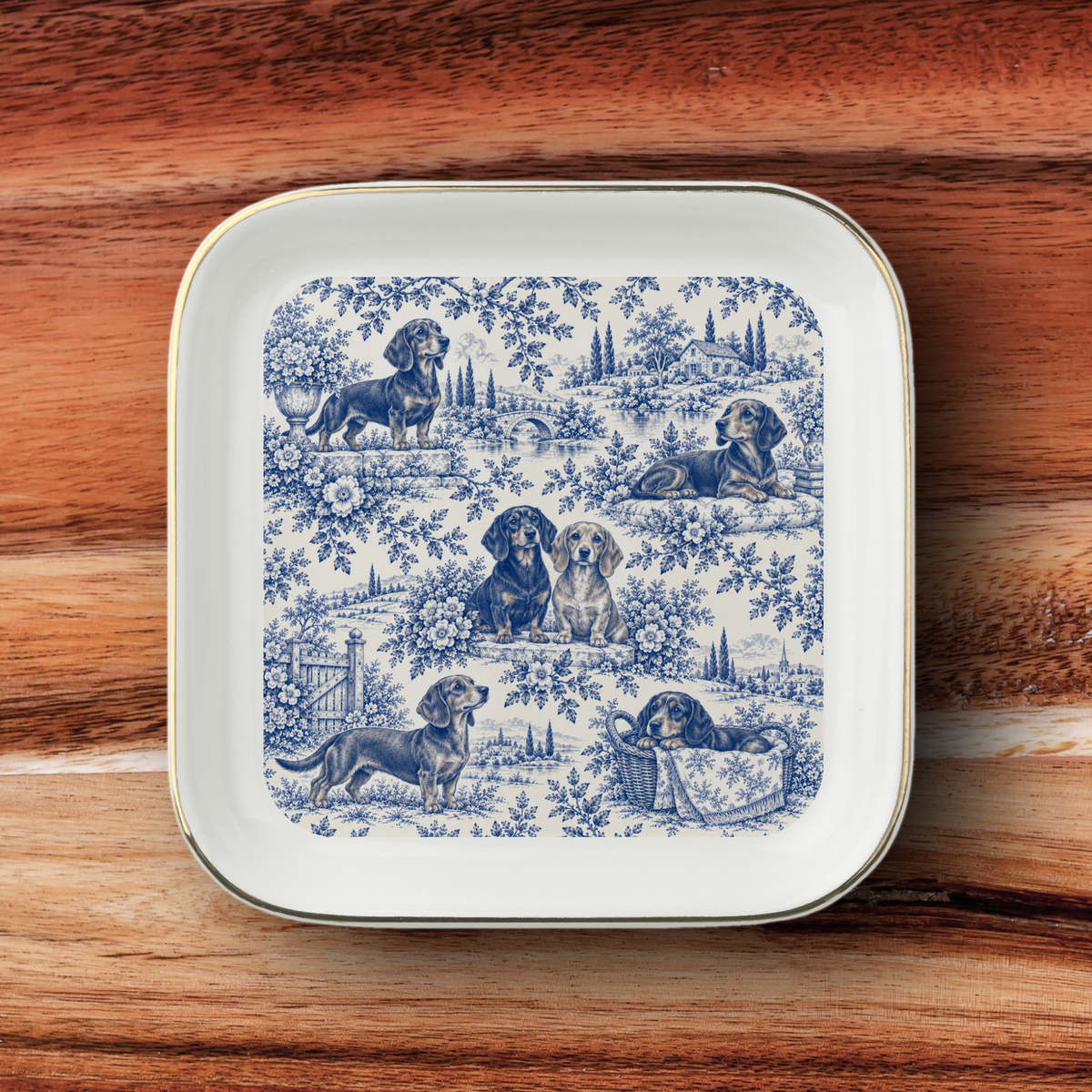 Dachshund Jewelry Dish, Blue Toile Dog Ring Dish, Doxie Lover Gift, Ceramic Trinket Tray
