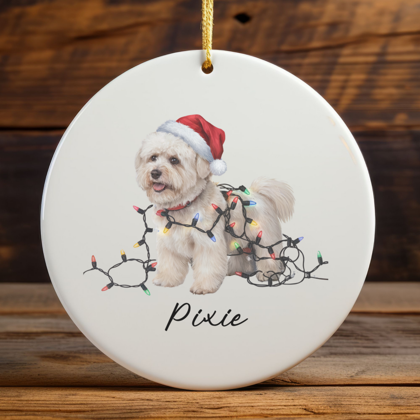 Personalized Bichon Frise Christmas Ornament, Ceramic Dog Santa Hat Lights Decoration