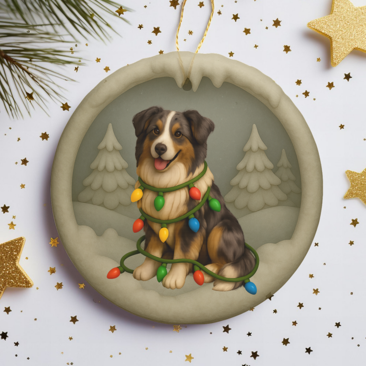 Personalizable Australian Shepherd Christmas Ornament, Custom Aussie with Holiday Lights Keepsake