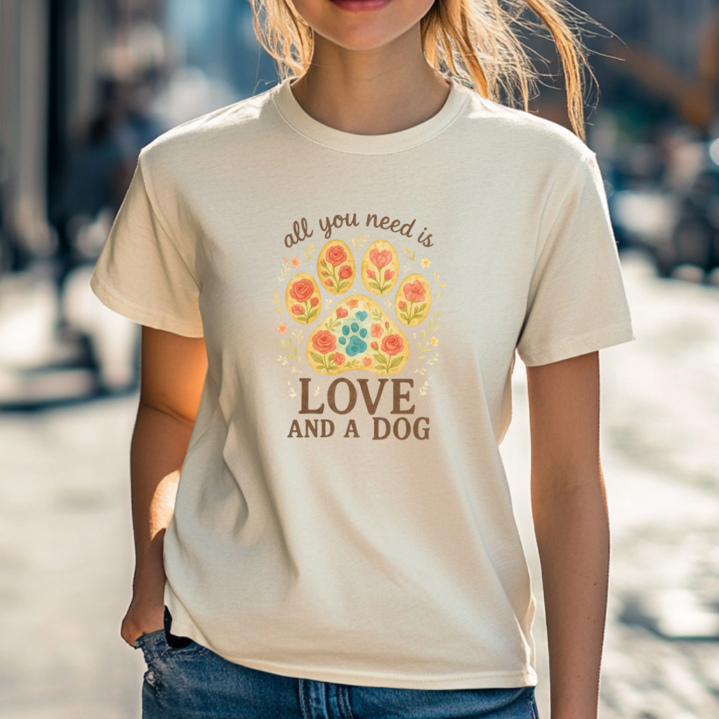 Love and a Dog Floral Paw Print T-Shirt – Sweet Gift for Dog Lovers & Pet Parents