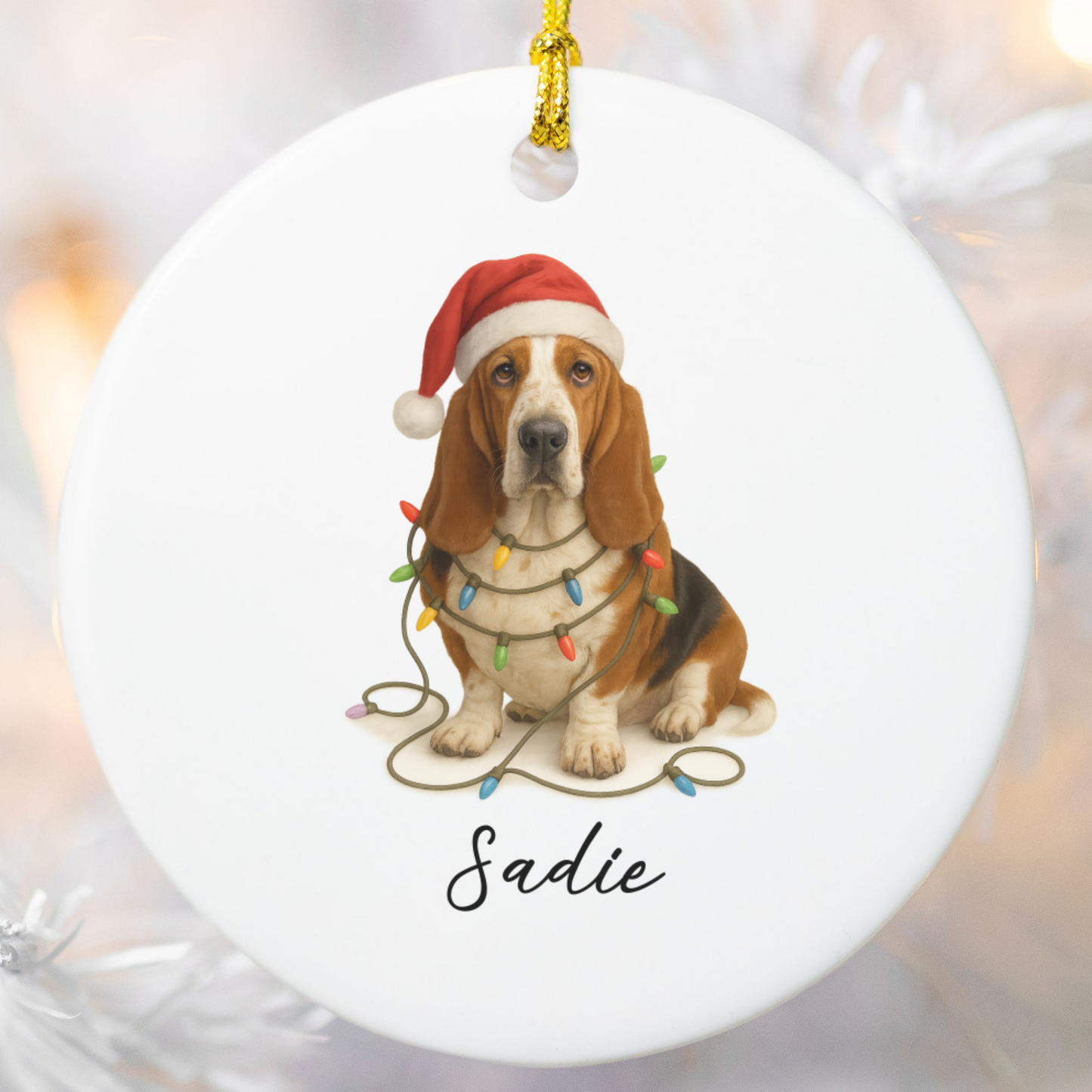 Personalized Basset Hound Christmas Ornament, Ceramic Dog Decor, Santa Hat Lights Keepsake