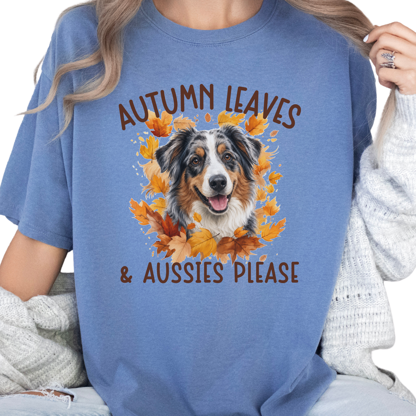 Australian Shepherd Fall Comfort Colors Dog Mom Shirt, Autumn Leaves & Aussies Please