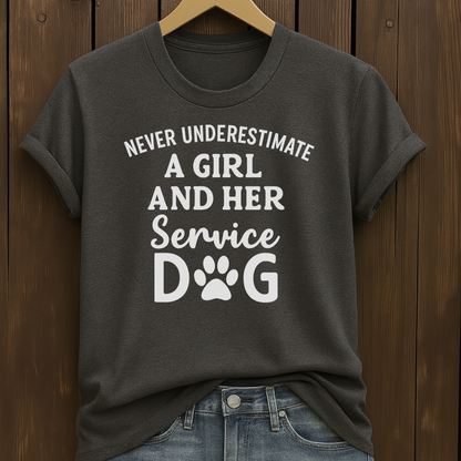 Never Underestimate a Girl & Her Service Dog T-Shirt