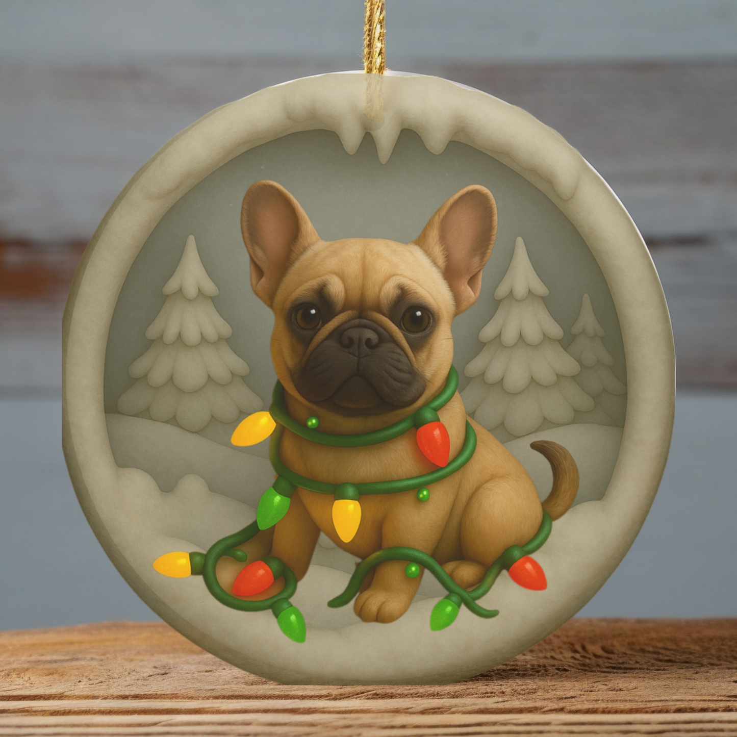 Personalized French Bulldog Christmas Ornament, Custom Frenchie with Holiday Lights Keepsake
