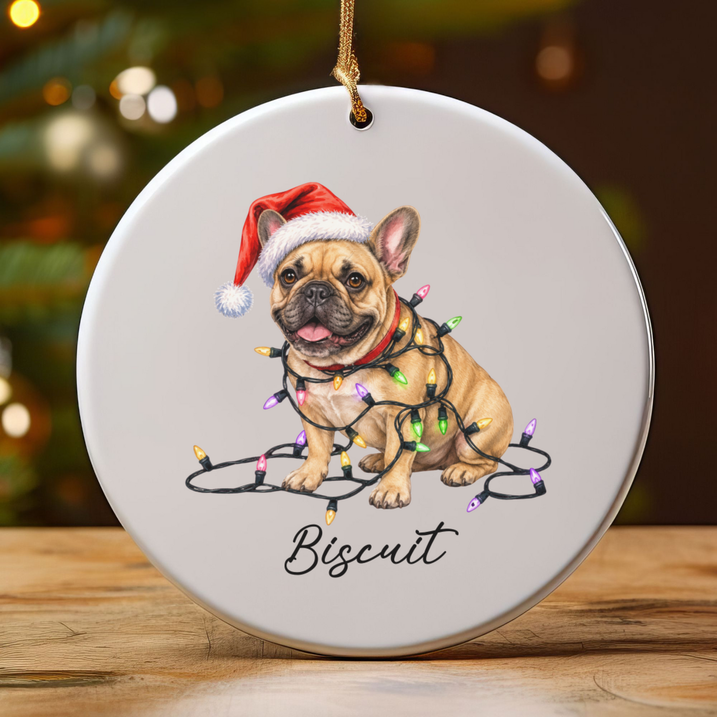 Personalized Fawn French Bulldog Ceramic Ornament, Dog Christmas Gift, Festive Lights Keepsake