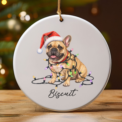 Personalized Fawn French Bulldog Ceramic Ornament, Dog Christmas Gift, Festive Lights Keepsake