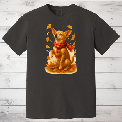 Chihuahua in Autumn Leaves T-shirt, Fall Dog Sweatshirt, Pet Lover Gift, Cozy Canine Apparel, Chihuahua in Scarf, Dog Mom Present