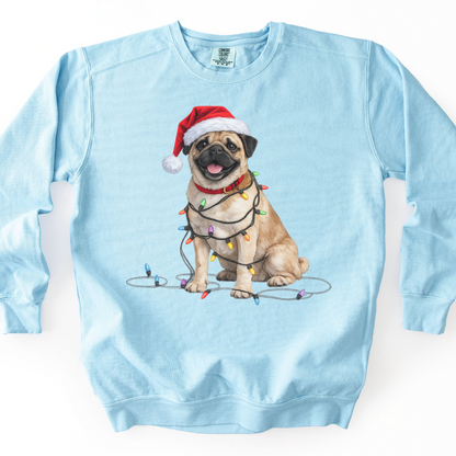 Christmas Tan Pug Sweatshirt, Lights Dog Sweater, Pug Mom Holiday Apparel