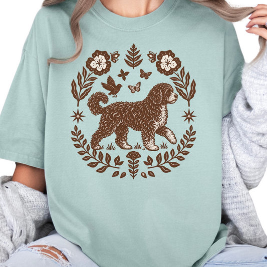 Portuguese Water Dog Comfort Colors Shirt, Folk Art Portie Tee, Vintage Floral Dog Gift