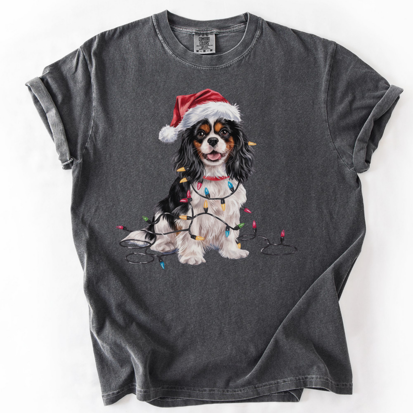 Tri-Color Cavalier King Charles Spaniel Christmas T-Shirt, Festive Dog Lover Holiday Gift, Santa Hat Dog Tee, Cute Cavalier Art