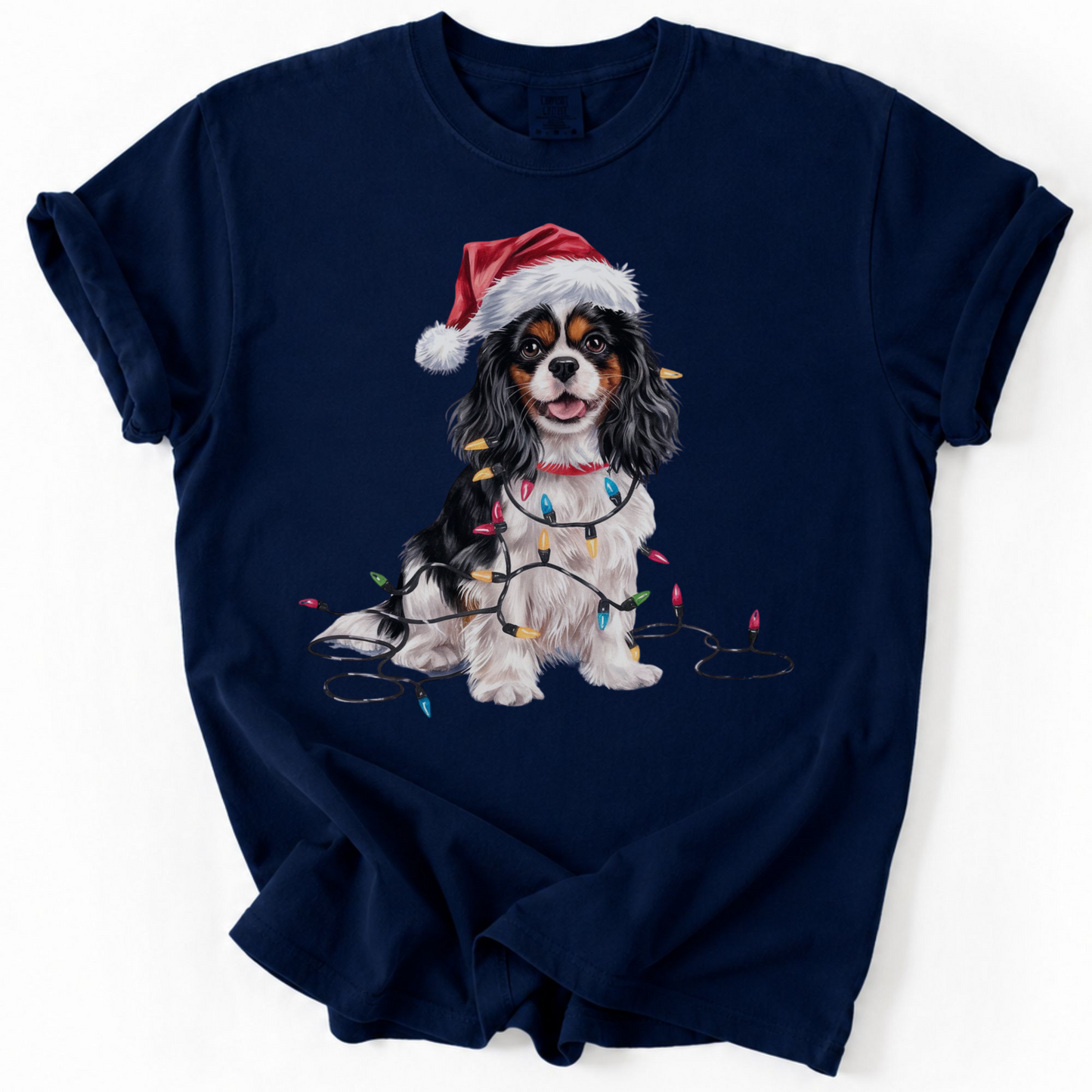 Tri-Color Cavalier King Charles Spaniel Christmas T-Shirt, Festive Dog Lover Holiday Gift, Santa Hat Dog Tee, Cute Cavalier Art