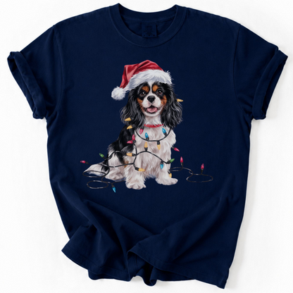 Tri-Color Cavalier King Charles Spaniel Christmas T-Shirt, Festive Dog Lover Holiday Gift, Santa Hat Dog Tee, Cute Cavalier Art