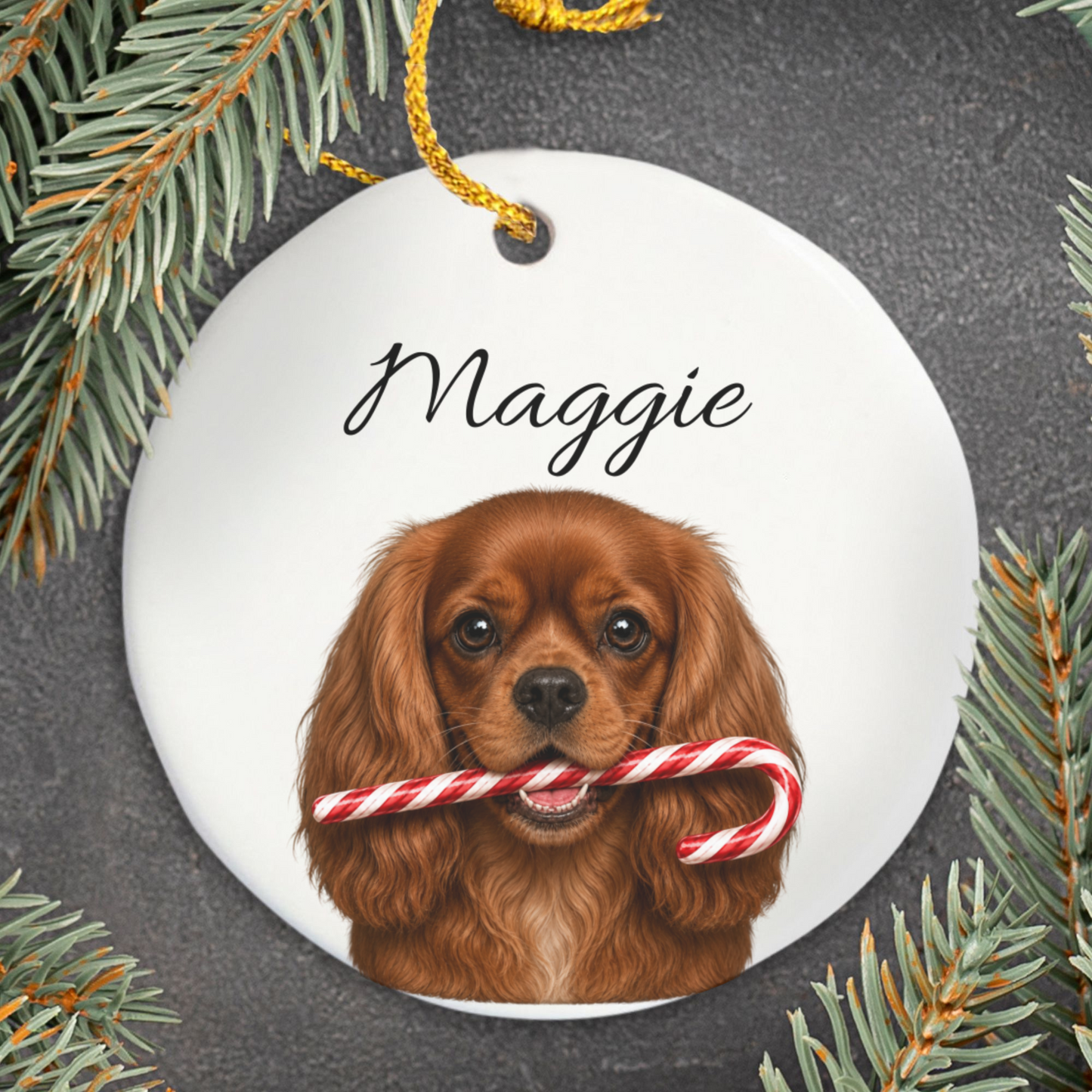 Personalized Ruby Cavalier Candy Cane Ornament