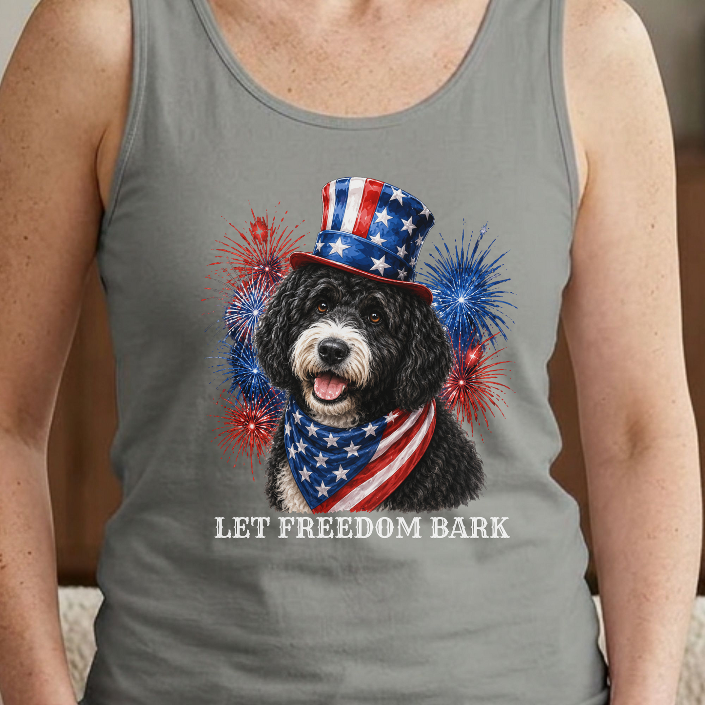 Black Portuguese Water Dog Tank Top, Patriotic Let  Freedom Bark