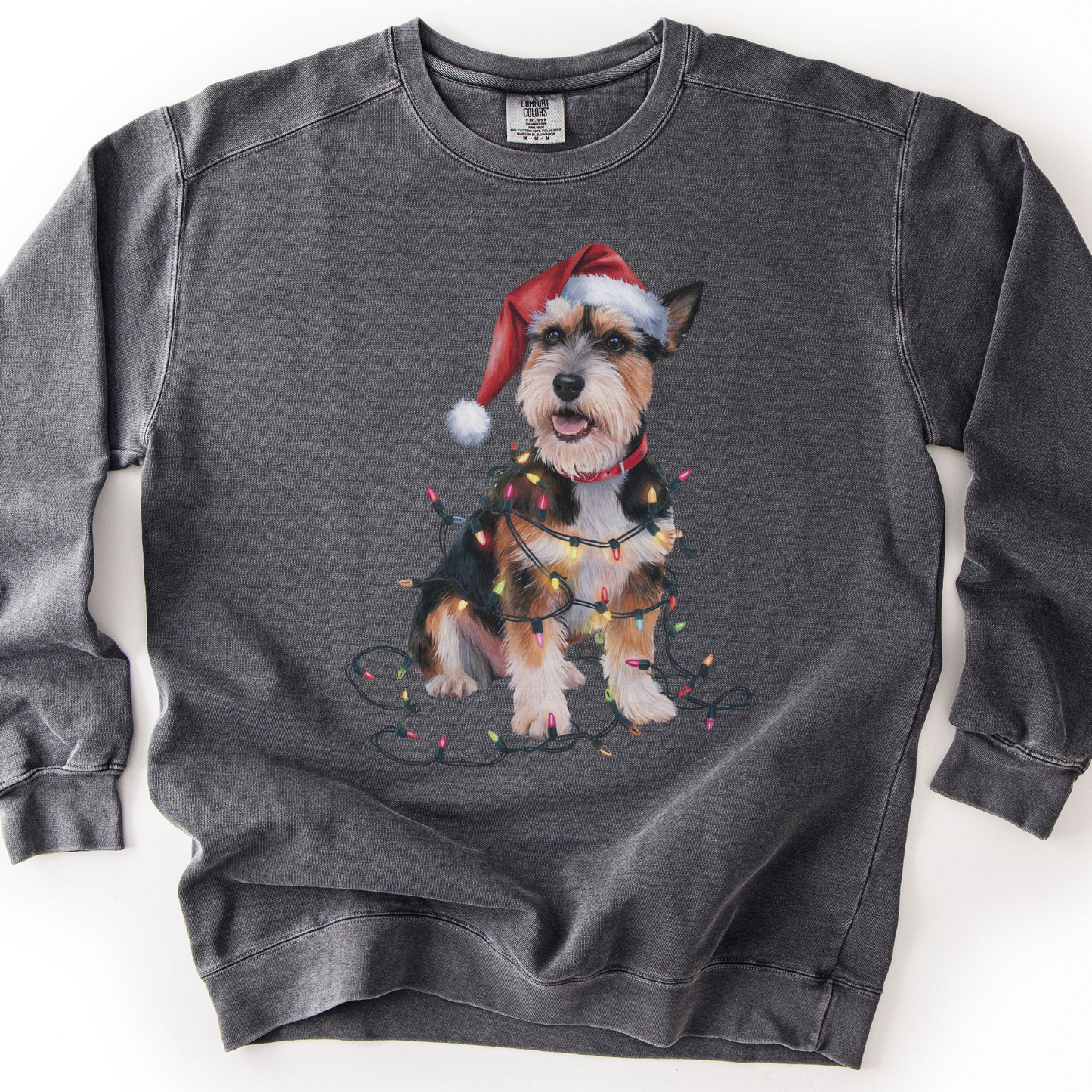 Christmas Norfolk Terrier Sweatshirt, Dog Tangled in Lights, Festive Dog Lover Apparel