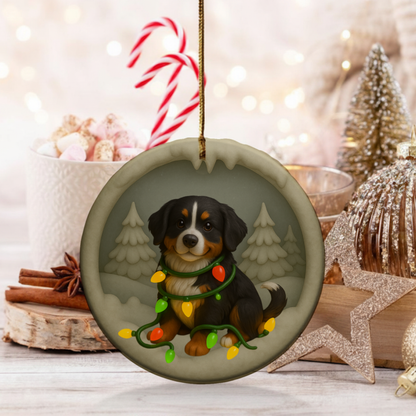 Personalized Bernese Mountain Dog Christmas Ornament, Custom Dog with Holiday Lights Keepsake